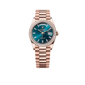 Rolex Day-Date 36mm 128345RBR Rose Gold Diamond Bezel Blue-Green Baguette Marker Dial